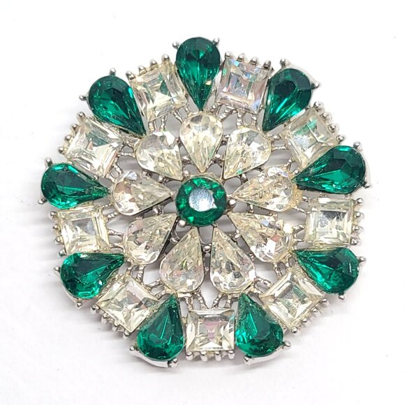 Estate Jewelry - Large green clear rhinestone floral starburst brooch, Christmas NY Collection